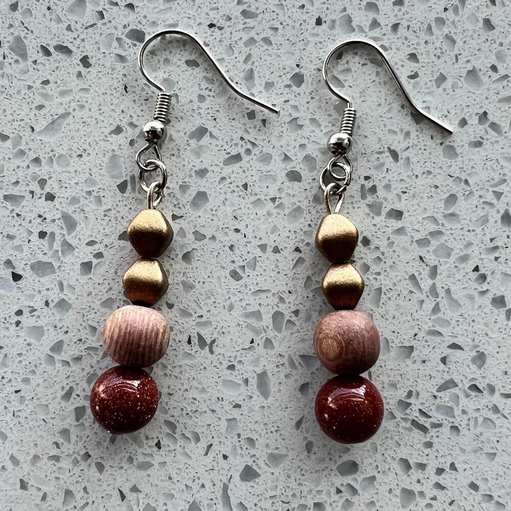 Handmade Brown and Gold Dangling Earrings - Picture 2 of 5